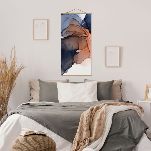 Foto su tessuto da parete con bastone - Gocce di oceano in blu e arancione con oro - Verticale 1:2