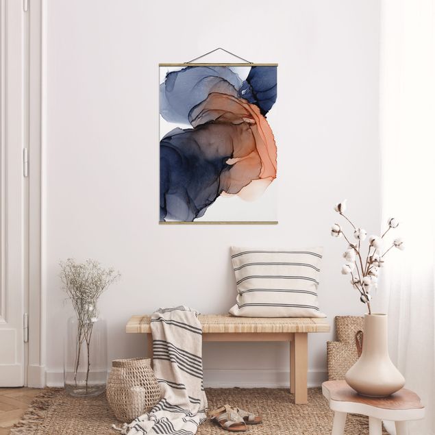 Foto su tessuto da parete con bastone - Gocce di oceano in blu e arancione con oro - Verticale 3:4