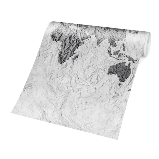 Carta da parati - Mappa del mondo effetto carta bianco grigio