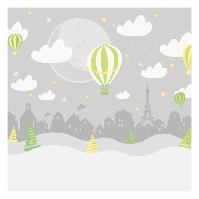 Carta da parati  - Parigi con stelle e mongolfiere in grigio