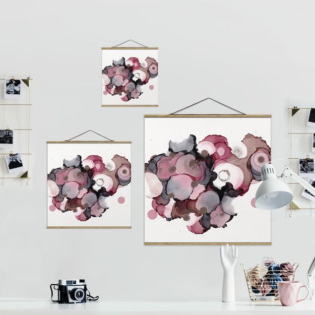 Foto su tessuto da parete con bastone - Gocce rosa e beige con oro rosé - Quadrato 1:1