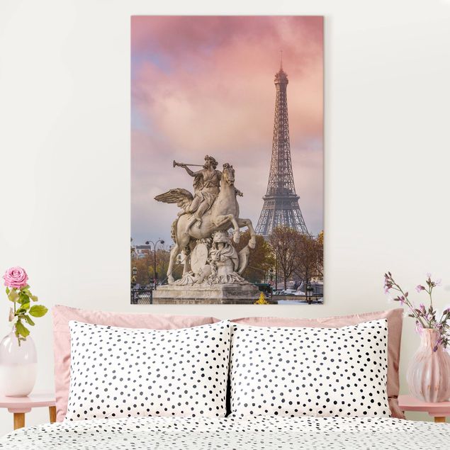 Stampa su tela parigi Statua di cavaliere di fronte alla Torre Eiffel