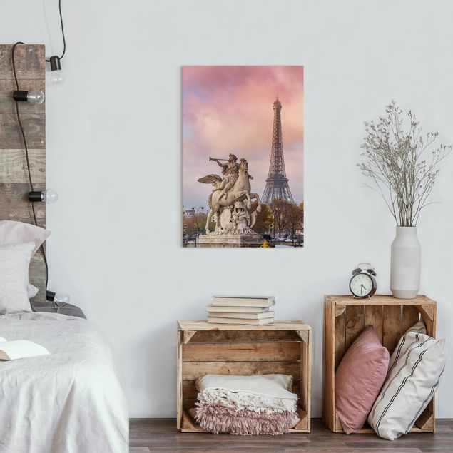 Stampa su tela città Statua di cavaliere di fronte alla Torre Eiffel