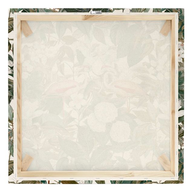 Quadro su tela naturale - Fenicotteri rosa con foglie e fiori bianchi - Quadrato 1:1