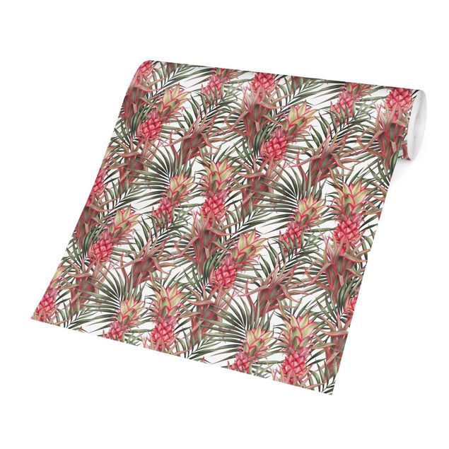 Carta da parati - Ananas rossi con foglie di palma tropicali