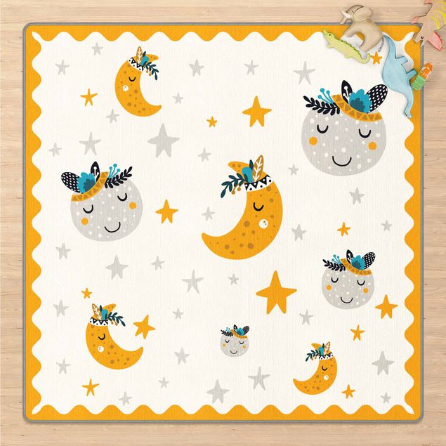 Tappeti multicolor Amici indiani addormentati con stelle,luna e cornice