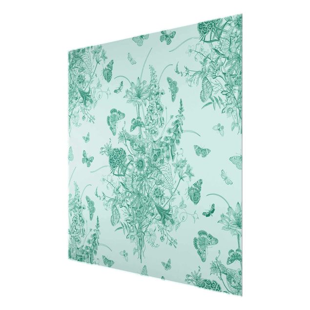 Quadro in vetro - Farfalle attorno a isola di fiori in verde II