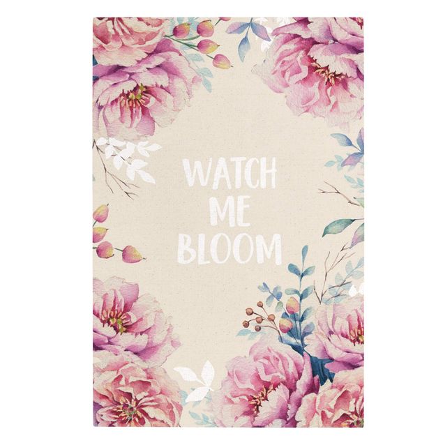 Quadro su tela naturale - Frase motivazionale watch me bloom con rose - Formato verticale 2:3