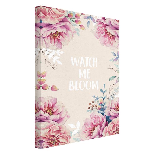 Quadro su tela naturale - Frase motivazionale watch me bloom con rose - Formato verticale 2:3