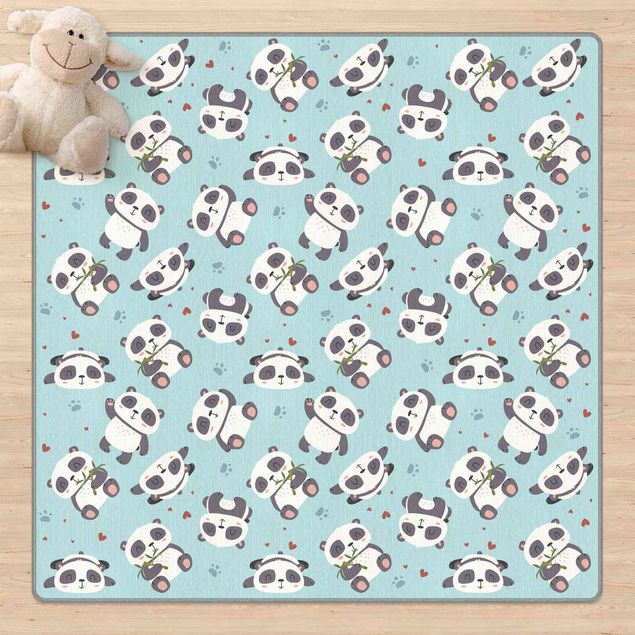 Tappeti bagno moderni Teneri panda con impronte e cuori in pastello blu