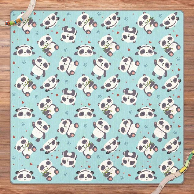 Tappeto blu soggiorno Teneri panda con impronte e cuori in pastello blu