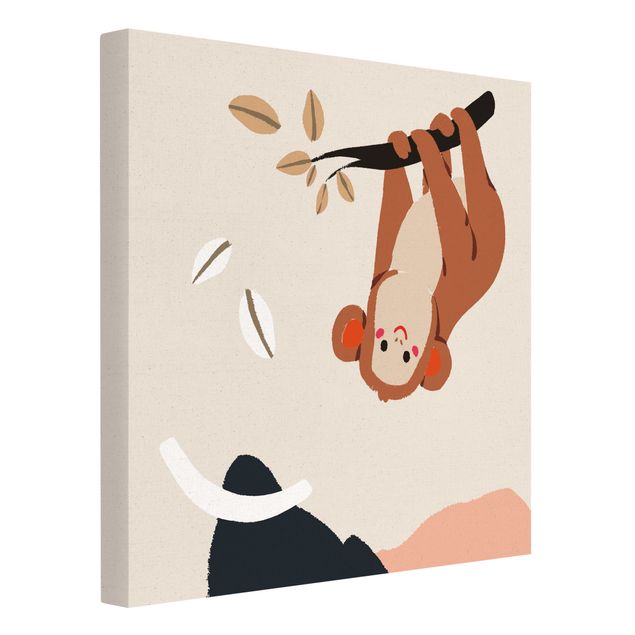Quadro su tela naturale - Dolce illustrazione di animali - Scimmia - Quadrato 1:1