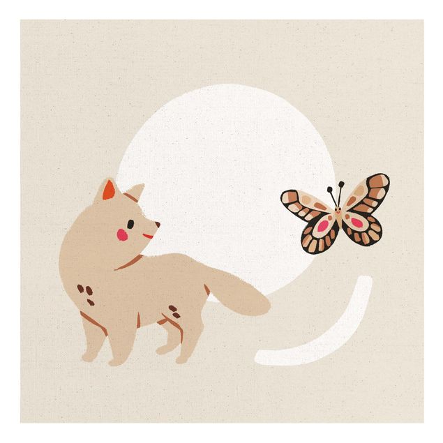 Quadro su tela naturale - Dolce illustrazione di animali - Gatto e farfalla - Quadrato 1:1