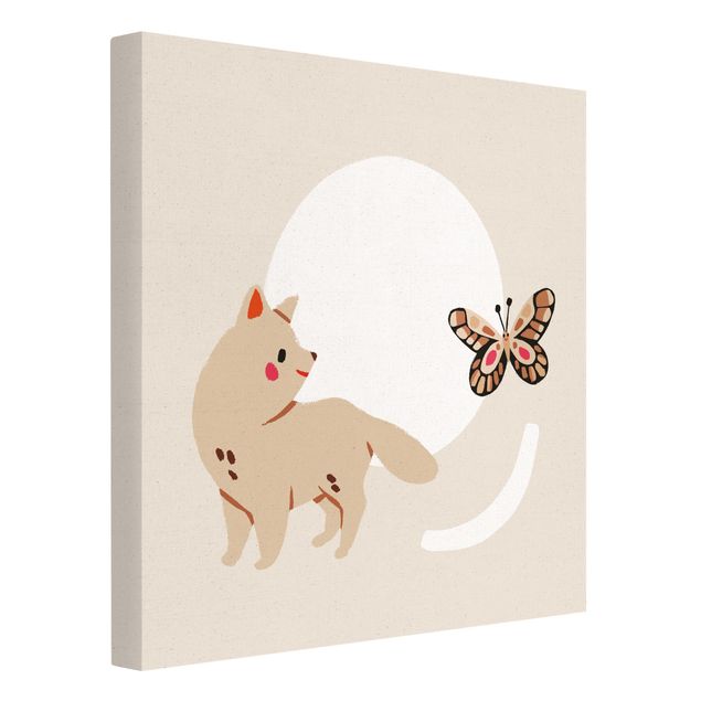Quadro su tela naturale - Dolce illustrazione di animali - Gatto e farfalla - Quadrato 1:1