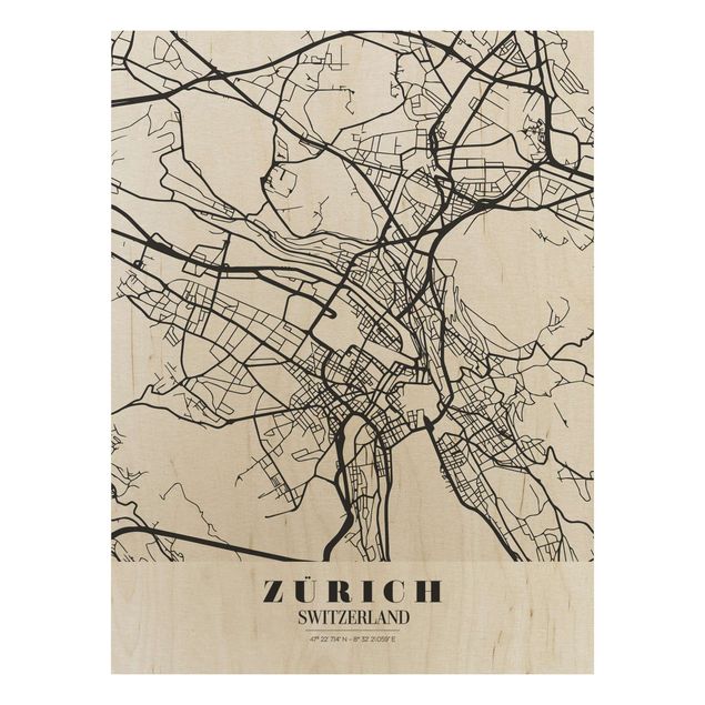 Quadro in legno - Zurich City Map - Classic- Verticale 3:4