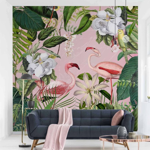 carta da parati effetto giungla Fenicotteri tropicali con piante in rosa