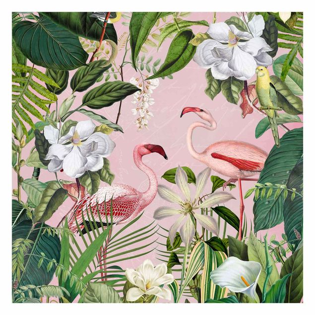 Carta da parati  - Fenicotteri tropicali con piante in rosa
