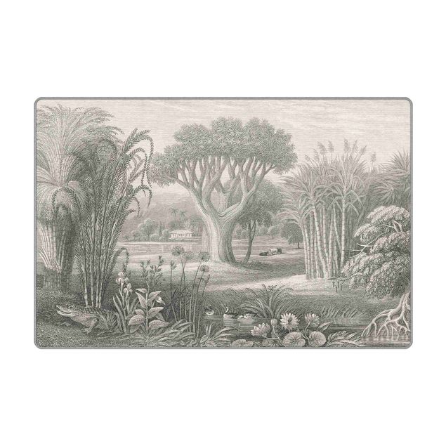Tappeti in vinile grandi dimensioni Incisione sul rame tropicale giardino con stagno in grigio