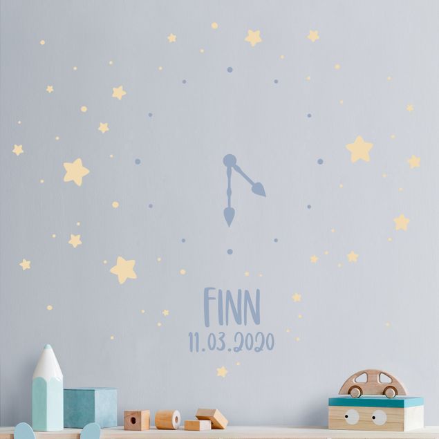 Adesivo murale - Orologio con testo personalizzato e stelle blu