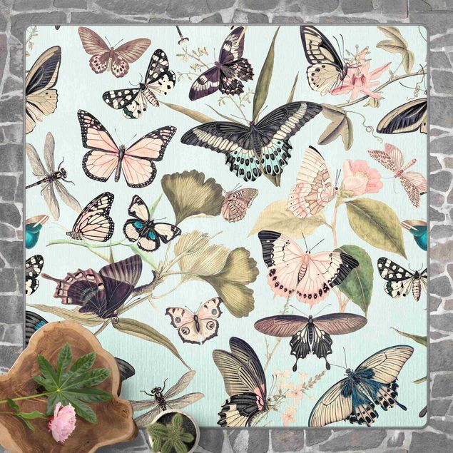 Tappeti floreali Vintage Collage - Farfalle e libellule