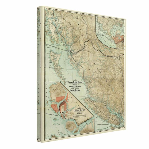Stampa su tela Mappa vintage della Columbia Britannica