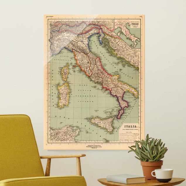 Lavagna magnetica in vetro Mappa vintage Italia