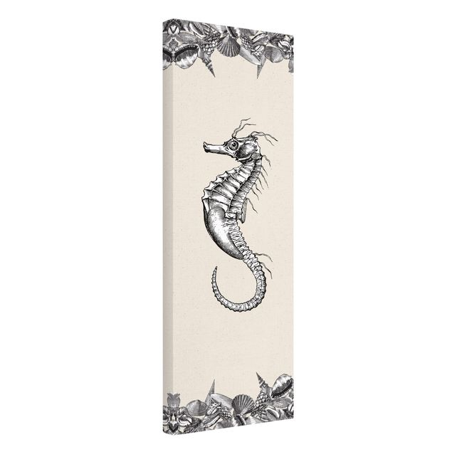 Quadro su tela naturale - Cavalluccio marino vintage in bianco - Formato verticale 1:3