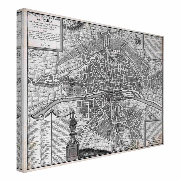 Stampa su tela Mappa vintage della città di Parigi intorno al 1600