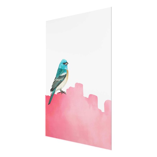 Quadro in vetro - Uccellino su rosa