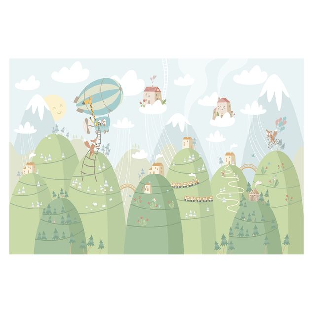 Carta da parati - Casette e montagne verdi con mongolfiera