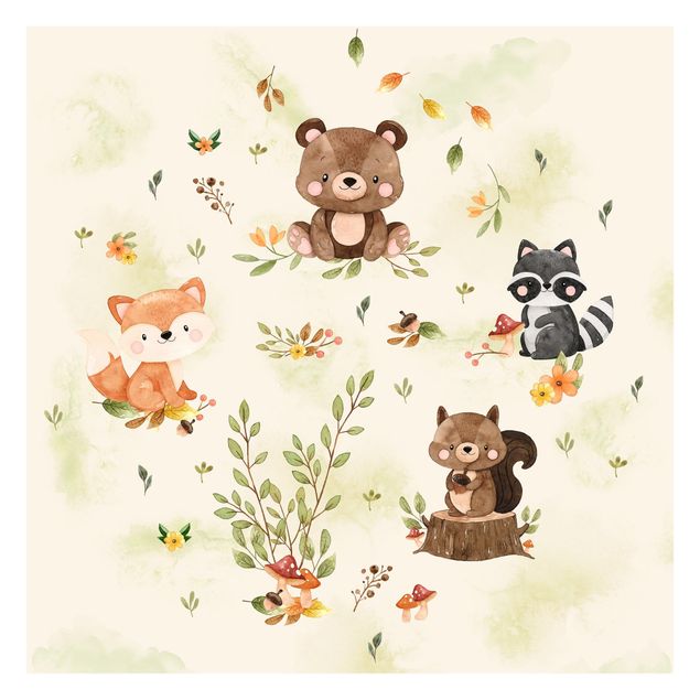 Carta da parati - Animali della foresta in autunno volpe orso scoiattolo procione