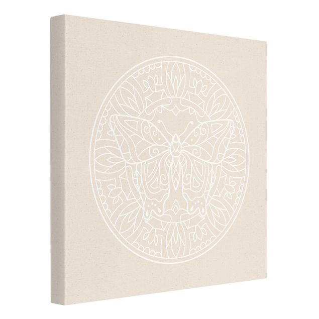 Quadro su tela naturale - Linee bianche - Mandala con farfalla - Quadrato 1:1