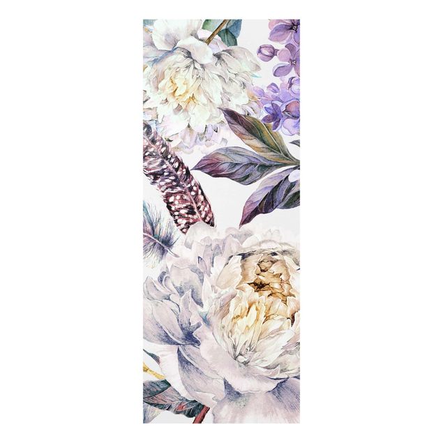 Quadro in vetro - Trama di fiori delicati  e piume boho in acquerello