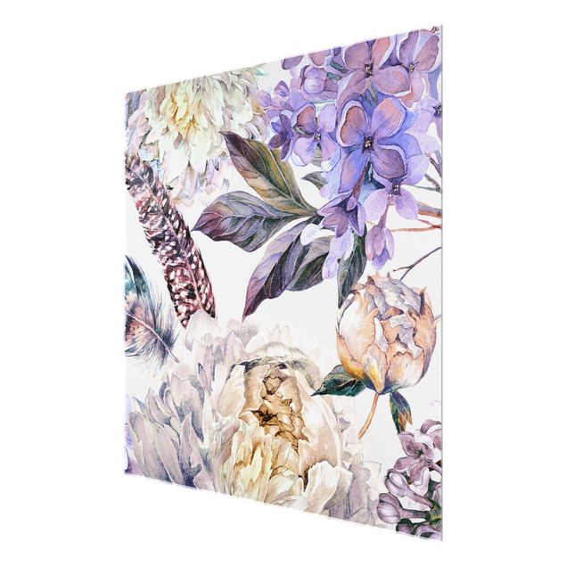 Quadro in vetro - Trama di fiori delicati  e piume boho in acquerello
