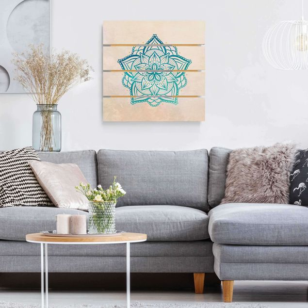 Stampa su legno - Mandala illustrazione Mandala oro blu - Quadrato 1:1