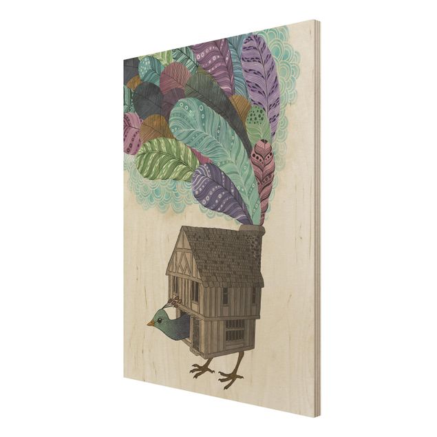 Stampa su legno - Illustrazione Bird House con le piume - Verticale 4:3