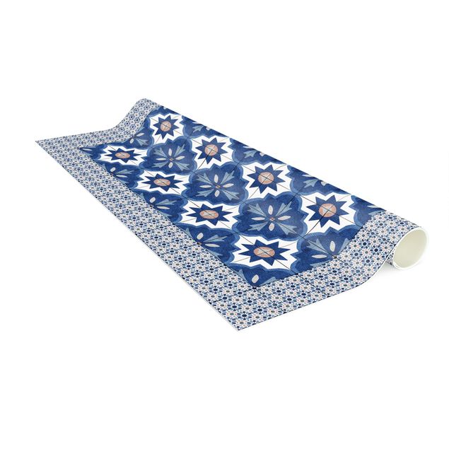 Tappeti effetto piastrelle Piastrelle marocchine acquerello blu con cornice di piastrelle
