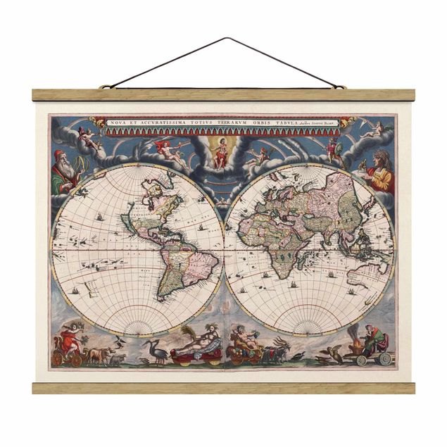Foto su tessuto da parete con bastone - Storico Mappa del mondo Nova et Accuratissima del 1664 - Orizzontale 3:4