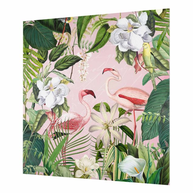 Paraschizzi in vetro - Fenicotteri tropicali con piante in rosa - Quadrato 1:1