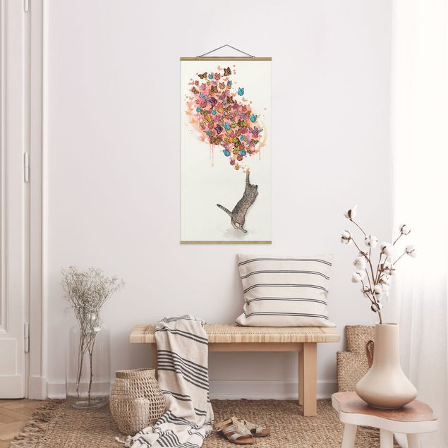 Quadro su tessuto con stecche per poster - Laura Graves - Illustrazione del gatto con farfalle colorate Pittura - Verticale 2:1