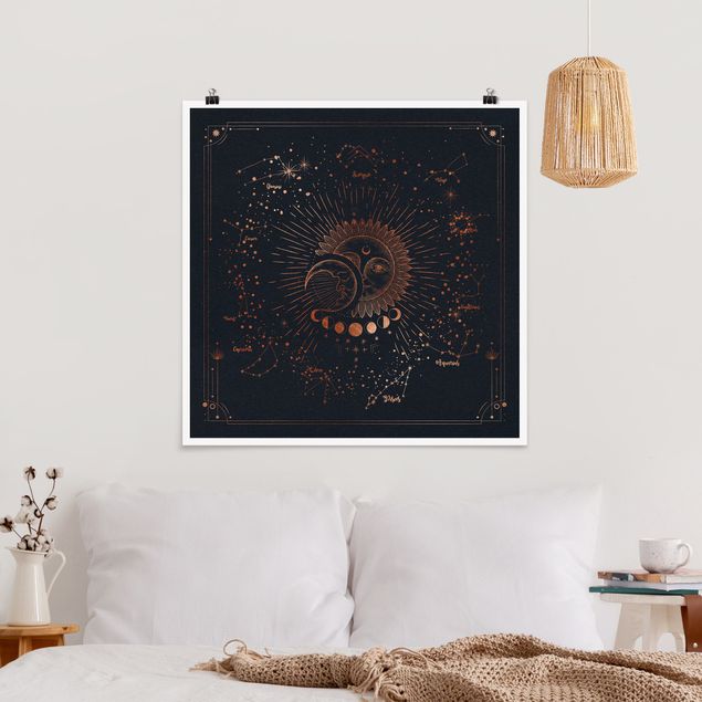 Poster illustrazioni Astrologia Sole Luna e Stelle Oro Blu