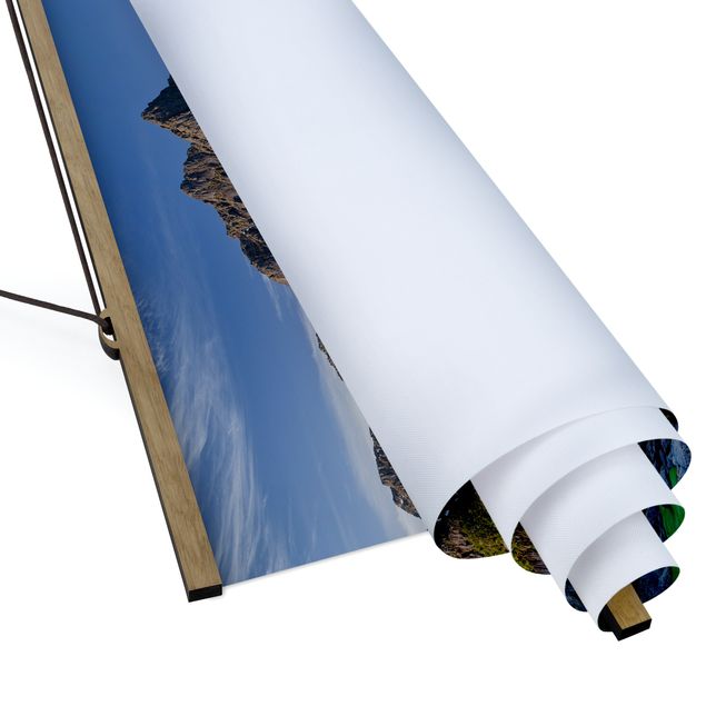 Quadro su tessuto con stecche per poster - Riflessione della montagna Paesaggio Con Acqua In Norvegia - Quadrato 1:1