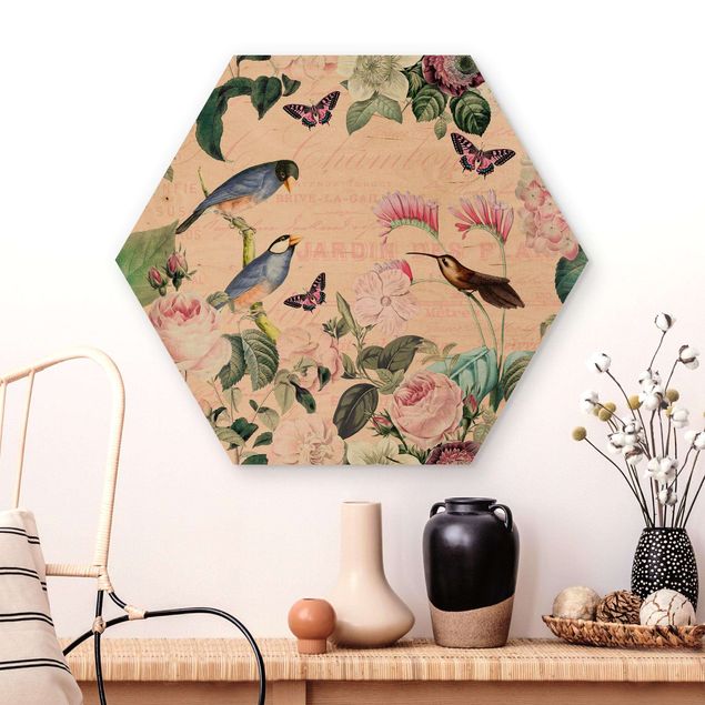 Esagono in legno - Vintage Collage - rose e uccelli