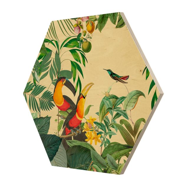 Esagono in legno - Vintage Collage - Birds In The Jungle