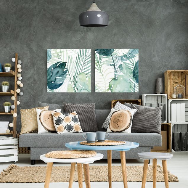 Quadri moderni per soggiorno Fronde di palma in colore acqua Set I