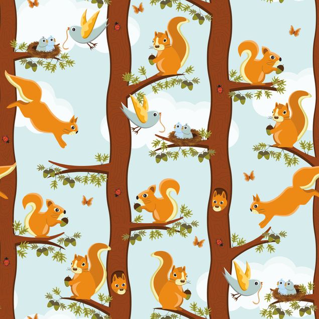 Carta Adesiva per Mobili - Tenero disegno per bambini con scoiattoli e uccellini
