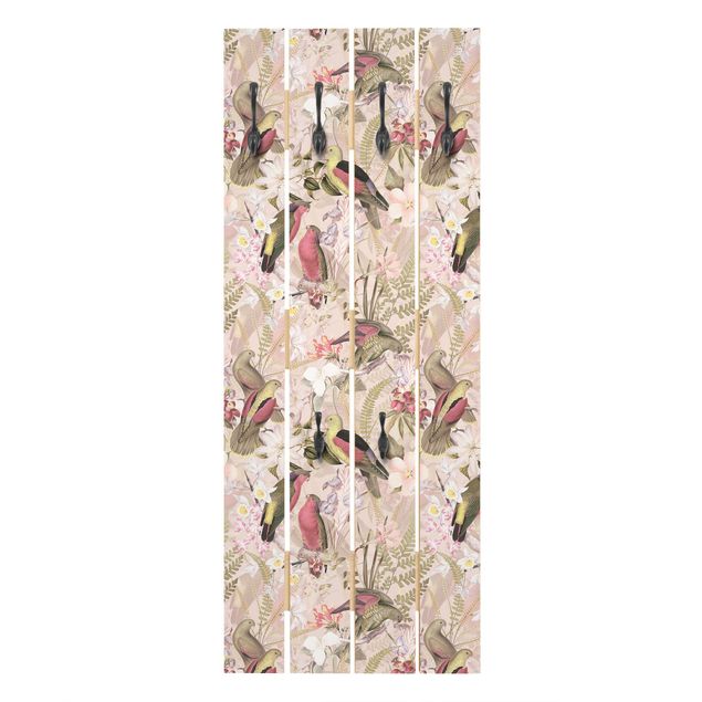 Appendiabiti in legno - Uccelli rosa pastello con i fiori - Ganci cromati - Verticale