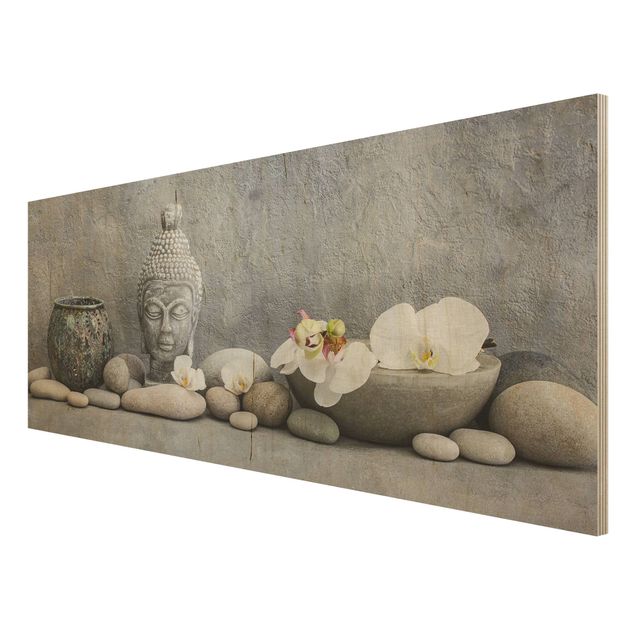 Stampa su legno - Zen Buddha con orchidee bianche - Panoramico