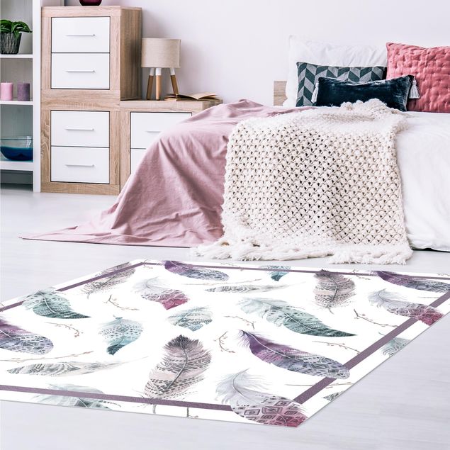 Tappeti moderni soggiorno Piume ad acquerello in stile bohémien nei colori melanzana e petrolio con cornice