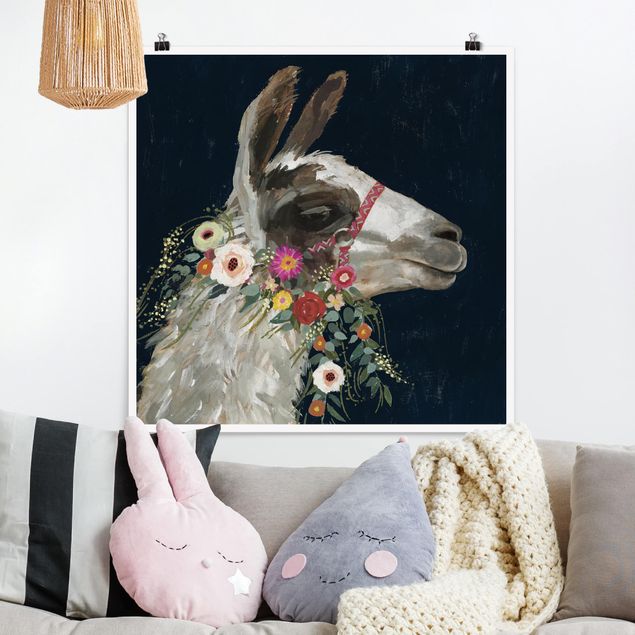 Poster cameretta bambini animali Lama con decorazione floreale I